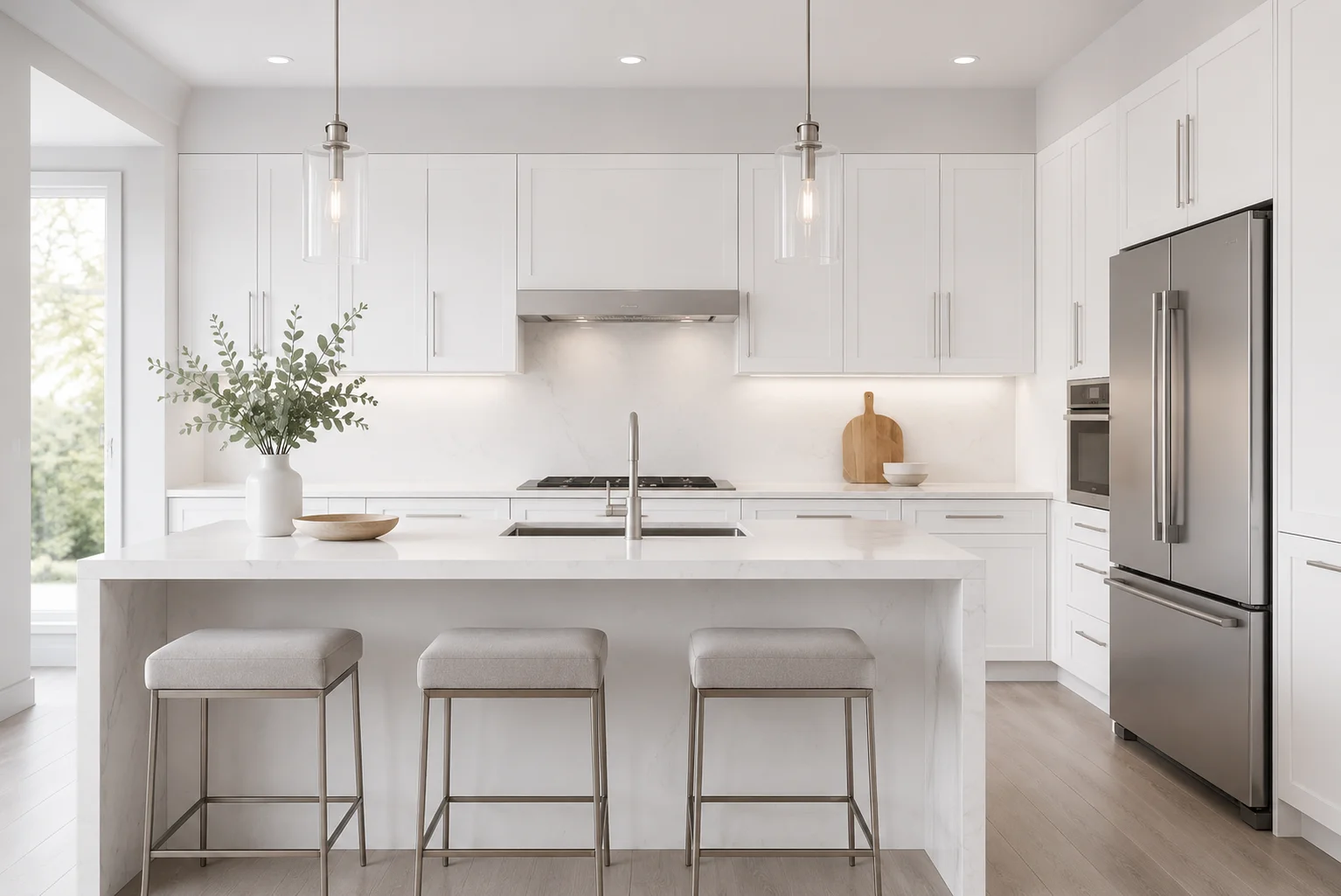 Contemporary white shaker kitchen with sleek bar pulls and waterfall island